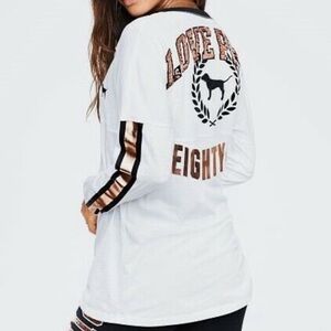 VICTORIA'S SECRET PINK Rose Gold Bling V Neck Varsity Cotton Tunic Tee White L